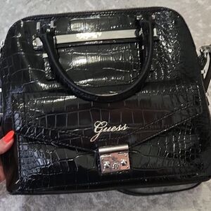 Guess Black Patent Croc Satchel with Silver Hardware